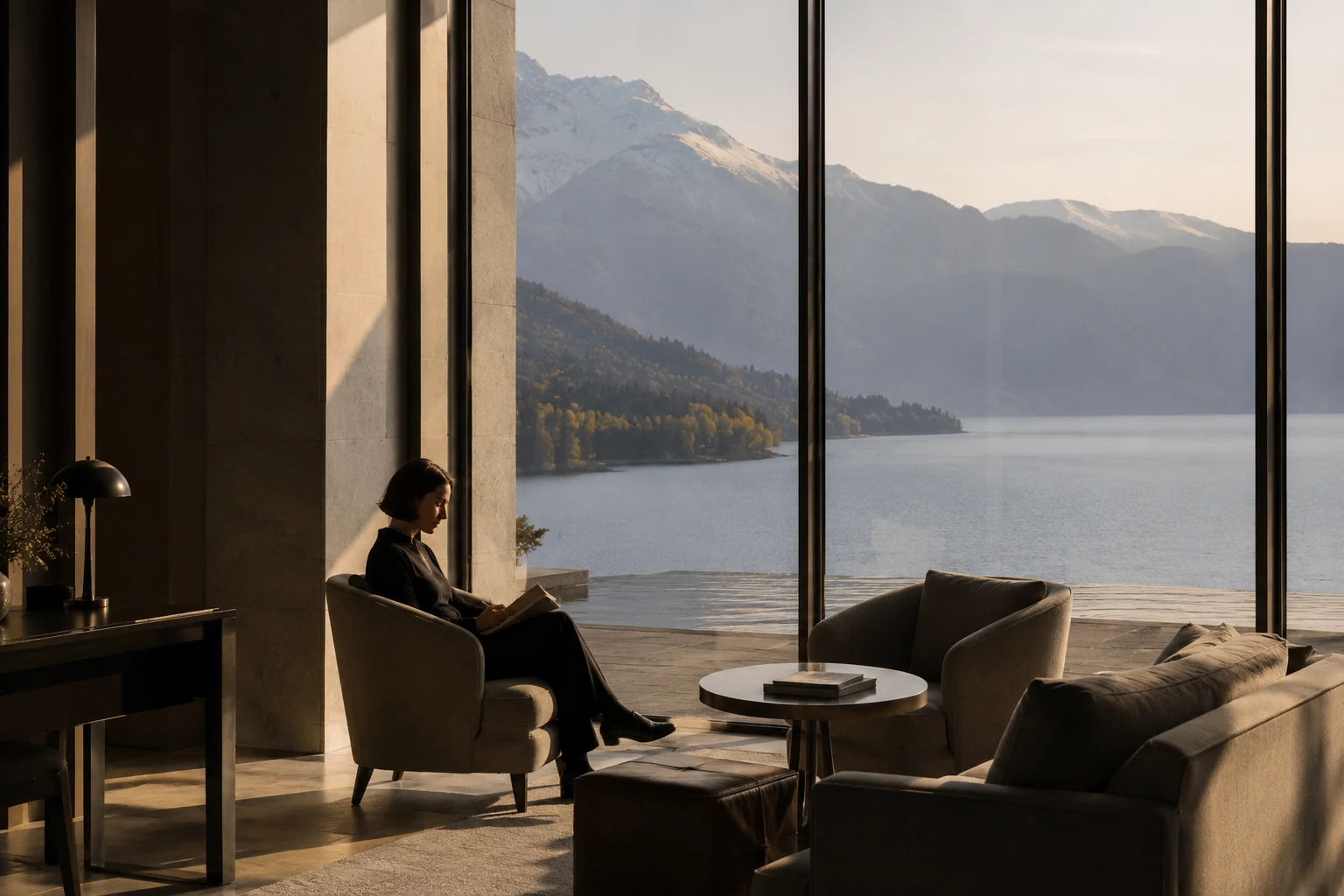 A traveler reading in a lakeside lounge with mountain views at dawn