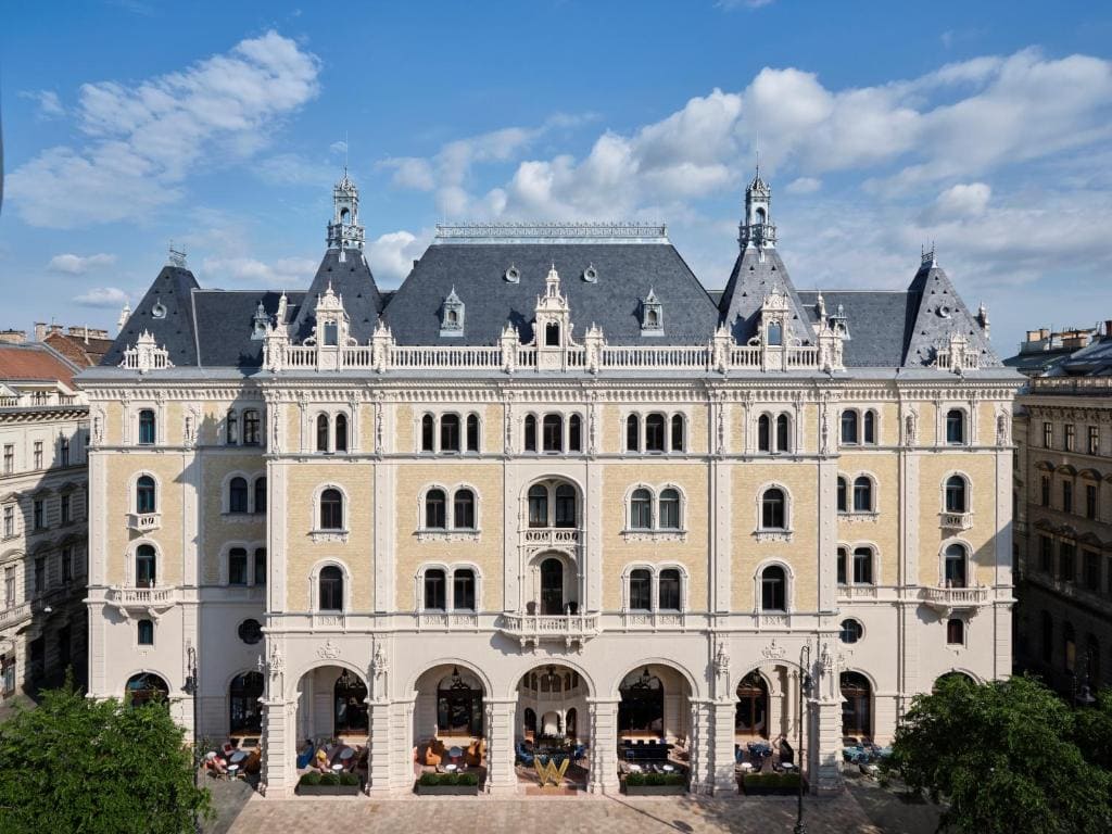 The W Budapest building with white decor and more.