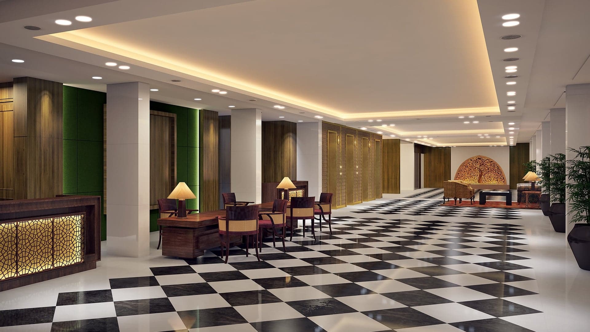 Black and white patter floor hallway at The Oberoi