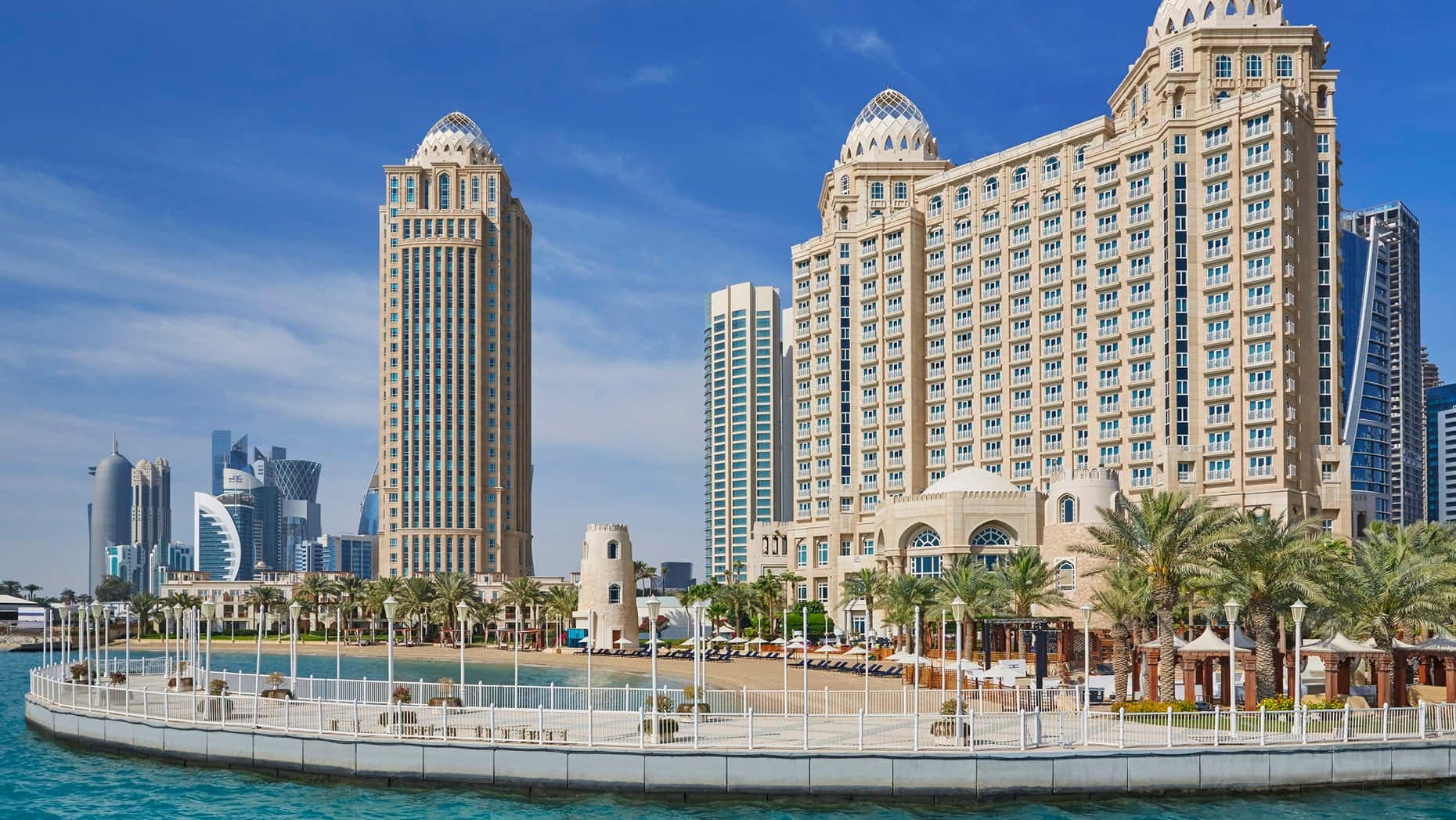 Four Seasons Hotel Doha, showcasing the large hotel, with it's private beach and beutiful hotel.