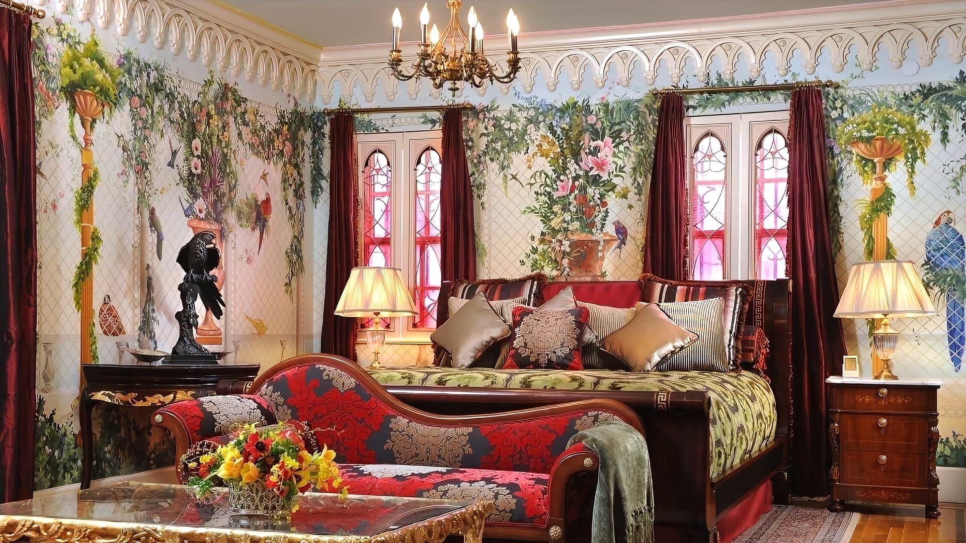 Exclusive hotel room with a fairytale feel, tropical sculptures and vibrant colours at the iconic Villa Casa Casurina