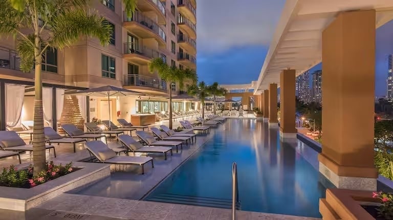 Pool area at Hilton Grand Vacations Club The Grand Islander Waikiki.
