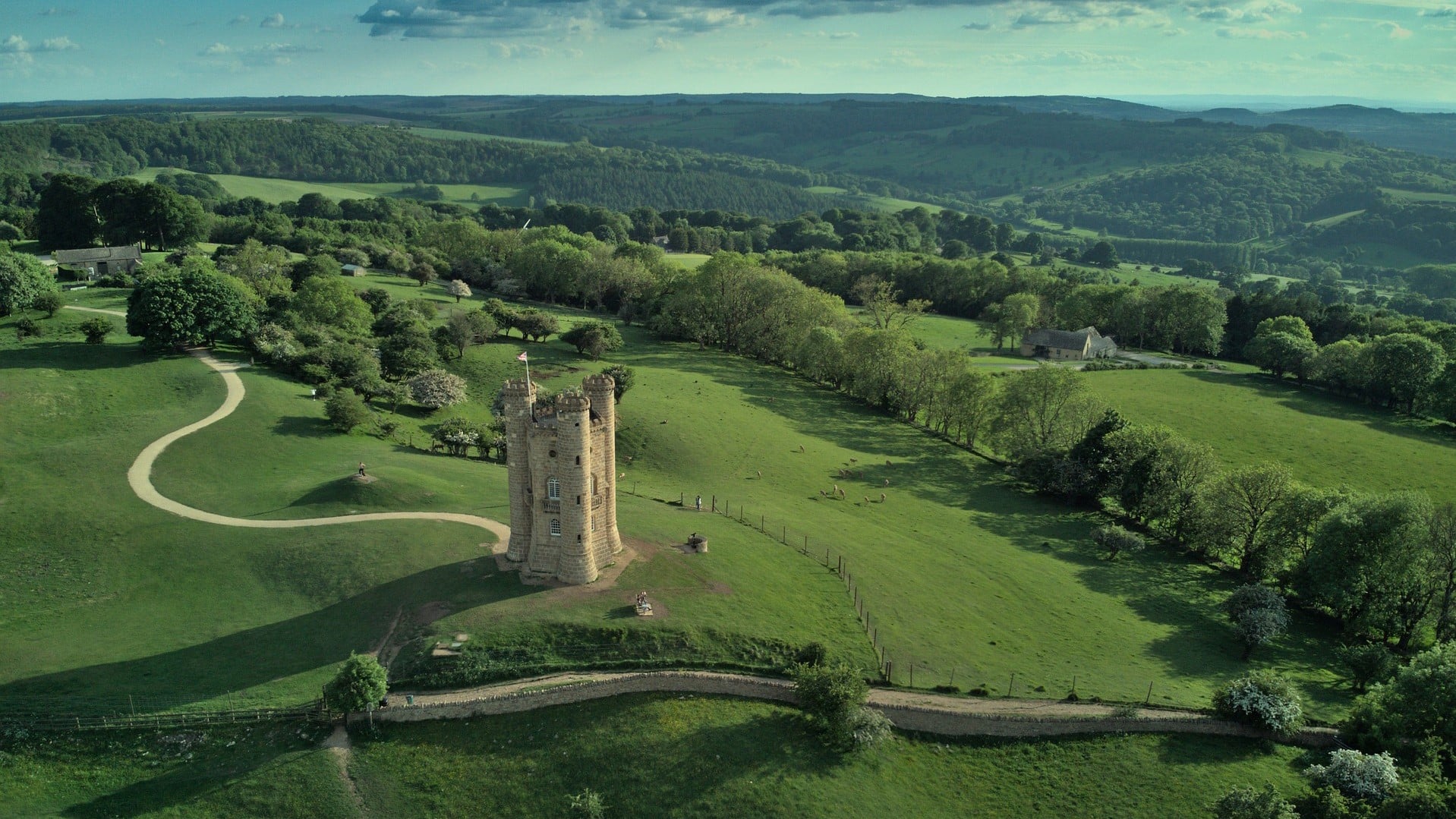 a drone shot of The Cotswolds